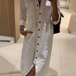 Plain Shirt Collar Loose Casual Dress With No Belt, Dresses, color:White|size:XXL, JustFashionNow