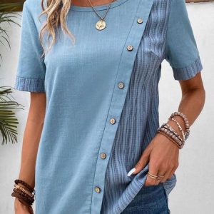 Casual Crew Neck Loose Color Block Shirt, Shirts & Blouses, color:Blue|size:XXL, JustFashionNow