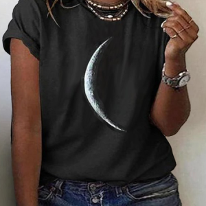 Plus Size Casual Jersey Crew Neck Moon T-Shirt, TOPS, color:Black|size:4X, Noracora