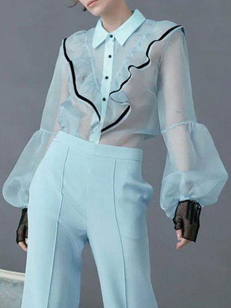 Elegant Shirt Collar Lantern Sleeve Organza Flouncing Plain Blouse, Blouses and Shirts, color:Light Blue|size:XXL, Stylewe