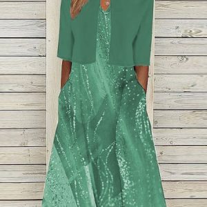 Crew Neck Casual Gradient Pattern Two-Piece Set, Formal Dresses, color:Green|size:XXL, JustFashionNow