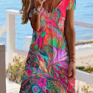 Casual Short Sleeve V Neck Printed Dress, Dresses, color:Rose|size:XXL, JustFashionNow