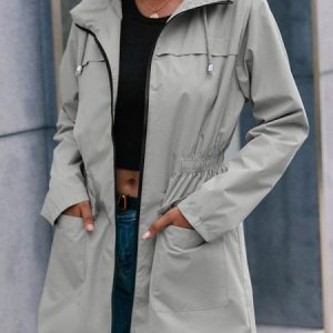 Plain Casual Pocket Stitching Loose Trench Coat, Trench Coats, color:Light Gray|size:XXL, JustFashionNow
