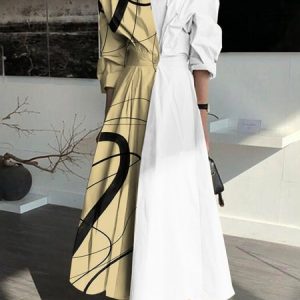 Regular Fit Contrast Stitching Urban Shirt Collar Dress, Maxi Dresses, color:White-Yellow|size:XXL, Stylewe