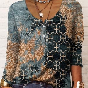 Casual Abstract Crew Neck Long Sleeve T-shirt, T-shirts, color:Blue|size:XXL, Noracora