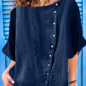 Linen Short Sleeve Crew Neck Tops, Shirts & Blouses, color:Purplish blue|size:3XL, JustFashionNow