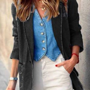 Lapel Collar Long Sleeve Plain Regular Micro-Elasticity Loose Blazer For Women, Blazers, color:Black|size:XL, Noracora