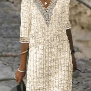 Women Plain V Neck Three Quarter Sleeve Comfy Casual Lace Short Dress, Short, color:Beige|size:3XL, Noracora