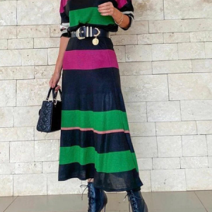 Micro-Elasticity Turtleneck Long sleeve Striped Elegant Regular Fit Sweater Dress, Maxi Dresses, color:As Picture|size:XXL, Stylewe