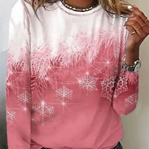 Casual Christmas Snowflake Print Long Sleeve T-Shirt, T-shirts, color:Red|size:XXL, catalog Noracora shop