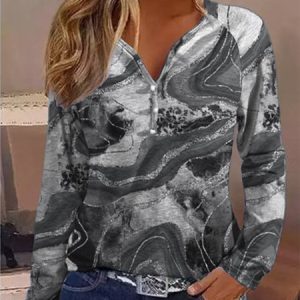 Notched Long Sleeve Random Print Buckle Regular Loose Shirt For Women, Blouses, color:Gray|size:3XL, Noracora