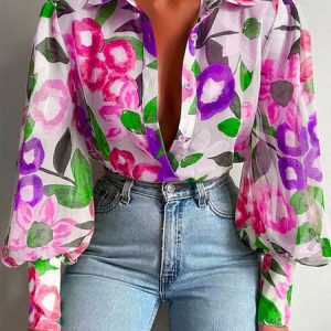 Shirt Collar Floral Urban Regular Fit Blouse, Blouses and Shirts, color:Pink|size:XXL, Stylewe