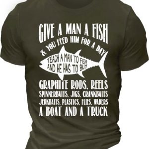 MenвЂ™s Give A Man A Fish & You Feed Him For A Day Crew Neck Text Letters Casual Regular Fit T-Shirt, T-shirts, Lilicloth.com