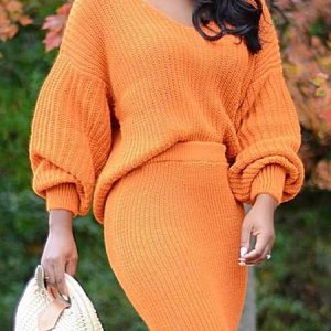 Elegant Loose Plain Long Sleeve Sweater, Sweaters, color:Orange|size:XXL, Stylewe