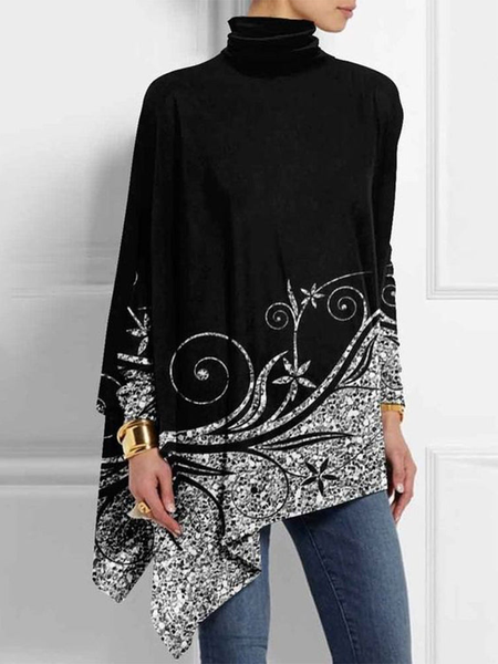 Regular Fit Casual Turtleneck Color Block Top, Shirts & Blouses, color:Black|size:XXL, JustFashionNow