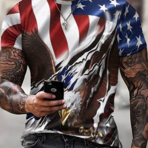 Men’s Eagle Patriotic Flag Pattern Casual Regular Fit Animal Crew Neck T-Shirt, T-shirts, Lilicloth.com