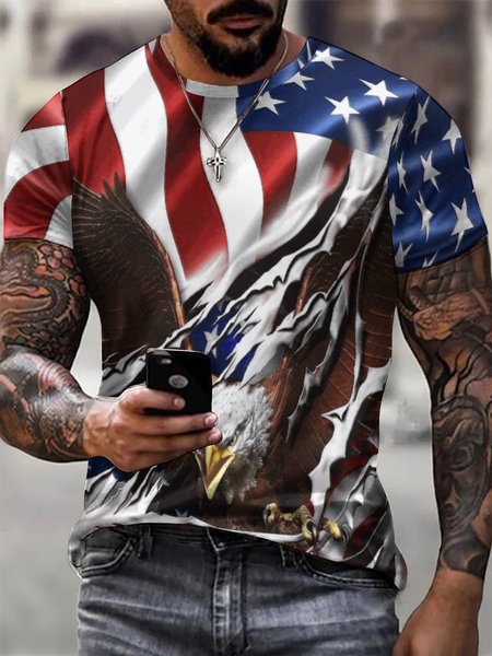 Men’s Eagle Patriotic Flag Pattern Casual Regular Fit Animal Crew Neck T-Shirt, T-shirts, Lilicloth.com