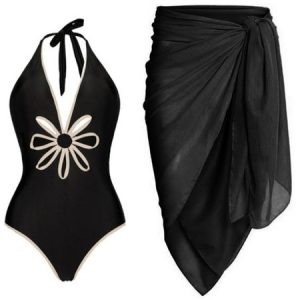 Vacation Color Block Hollow Out V Neck One Piece With Cover Up, Coverups, color:Black|size:XXL, Stylewe