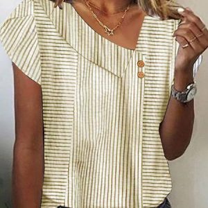 Striped Loose Casual Shirt, Blouses, color:Khaki|size:XXL, Noracora