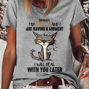 Women's Funny Cat Coffee Saying Coffee Lovers Casual Cat Loose T-Shirt, color:Gray|size:3XL, Lilicloth.com