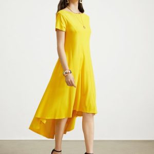 Plain Regular Fit Boat Neck Urban Dress With No, Midi Dresses, color:Yellow|size:XXL, Stylewe
