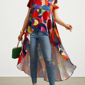 Casual Abstract Loose Short Sleeve Shirt, Blouses and Shirts, color:As Picture|size:XXL, Stylewe