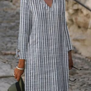 Women Striped Notched Long Sleeve Comfy Casual Short Dress, Short, color:Gray|size:XXL, Noracora