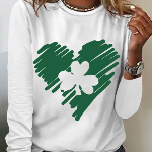 Women's St Patrick's Day Cotton-Blend Simple Four-Leaf Clover Shirt, color:White|size:3XL, Lilicloth.com