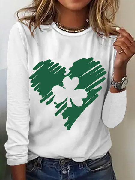 Women's St Patrick's Day Cotton-Blend Simple Four-Leaf Clover Shirt, Long sleeves, Lilicloth.com