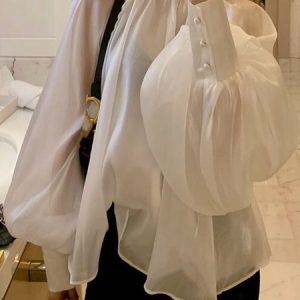 Stylewe High Neck Loosen Plain Long Sleeve Elegant Top, Blouses and Shirts, color:White|size:XXL, Stylewe