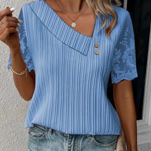 Casual Plain Loose Asymmetrical Neck Lace Shirt, Blouses & Shirts, Roselinlin - Online Catalog