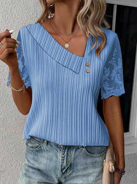 Casual Plain Loose Asymmetrical Neck Lace Shirt, Blouses & Shirts, Roselinlin - Online Catalog