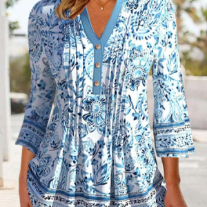 Casual Light Blue Split Neck Paisley Print Blouse, Shirts & Blouses, color:Blue|size:XXL, JustFashionNow