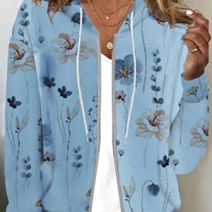 Hoodie Long Sleeve Floral Regular Micro-Elasticity Loose Jacket For Women, Jackets, color:Blue|size:XXL, Noracora