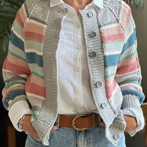 Color Block Casual Others Cardigan, Sweaters, color:Pink|size:XXL, JustFashionNow
