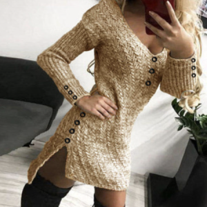 Women Plain V Neck Long Sleeve Comfy Casual Short Sweater Dress, Sweater Dresses, color:Camel|size:3XL, Noracora