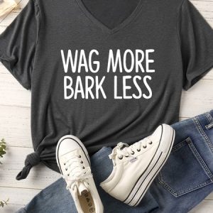 Women's Wag More Bark Less Matching V Neck T-Shirt, color:Gray|size:XXL, Lilicloth.com