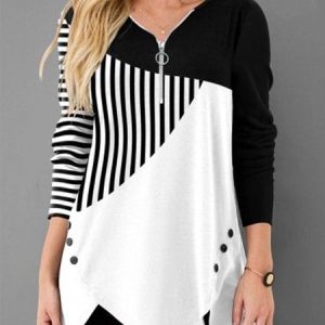 V Neck Striped Loose Casual Shirt, Shirts & Blouses, color:Black|size:XXL, JustFashionNow