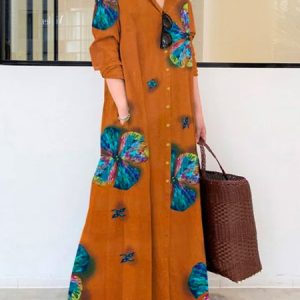 Floral Casual Long Sleeve Loose Maxi Dress With No Belt, Maxi Dresses, color:Yellow Brown|size:XXL, Stylewe