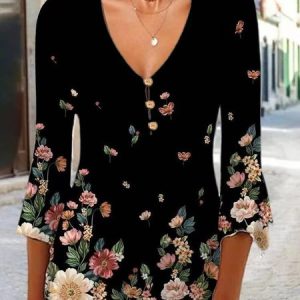 Casual Floral V Neck Regular Fit T-Shirt, T-Shirts, color:Multicolor|size:3XL, JustFashionNow