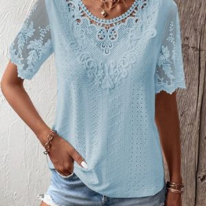 Crew Neck Casual Loose Lace Shirt, Shirts & Blouses, color:Light Blue|size:XXL, JustFashionNow