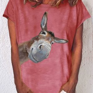 Women's Funny Donkeys Print Casual T-Shirt, color:Pink|size:3XL, Lilicloth.com