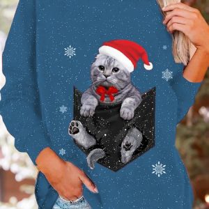 Women Christmas Cute Funny Cat Crew Neck Sweatshirt Top, Sweatshirts & Hoodies, color:Blue|size:XXL, JustFashionNow