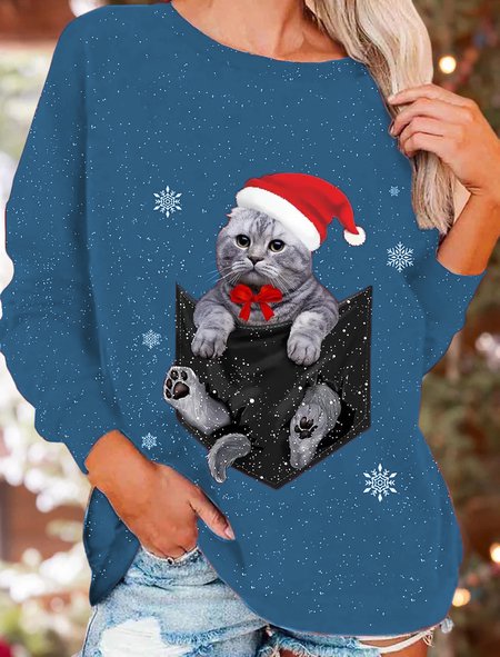 Women Christmas Cute Funny Cat Crew Neck Sweatshirt Top, Sweatshirts & Hoodies, color:Blue|size:XXL, JustFashionNow