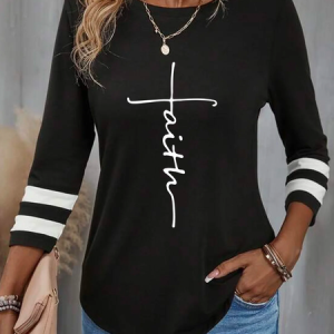 Casual Text Letters Crew Neck Three Quarter Sleeve T-shirt, T-shirts, color:Black|size:XXL, Noracora