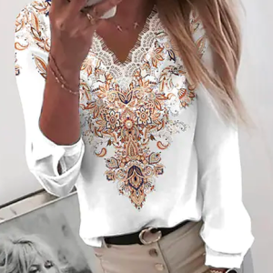 V Neck Vacation Ethnic Blouse, Shirts & Blouses, color:White|size:XXL, JustFashionNow