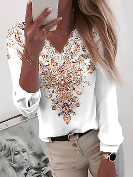 V Neck Vacation Ethnic Blouse, Shirts & Blouses, color:White|size:XXL, JustFashionNow