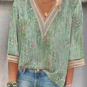 V Neck Lace Polka Dots Casual Shirt, Shirts & Blouses, color:Green|size:XXL, JustFashionNow
