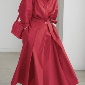 Long Sleeve Plain Daily Urban Shirt Collar Dress, Maxi Dresses, color:Red|size:XXL, Stylewe