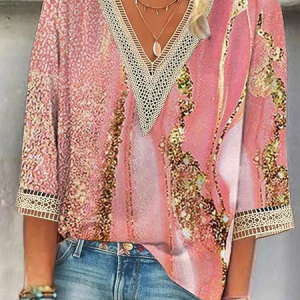 Plus Size Casual V Neck Lace Edge Shirt, Shirts & Blouses, color:Pink|size:4X, JustFashionNow